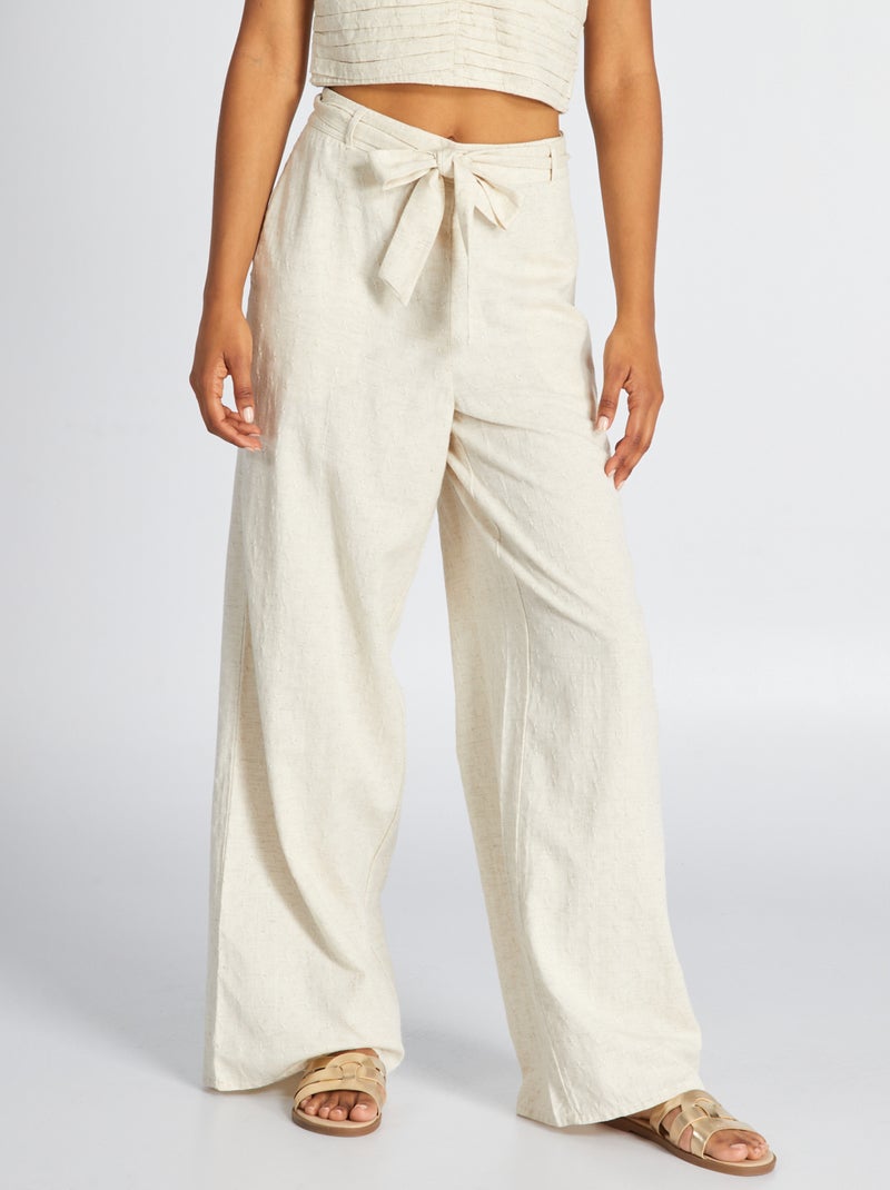 Pantalon large en lin effet plumetis Beige - Kiabi