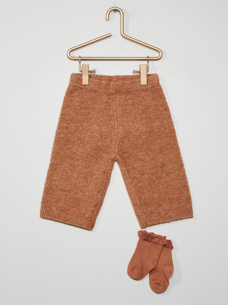 Pantalon large en maille + chaussettes dentelle brun - Kiabi