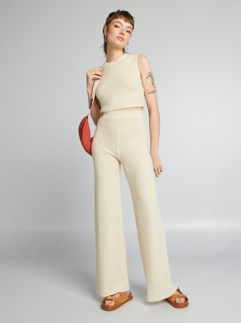 Pantalon large en maille Ecru - Kiabi