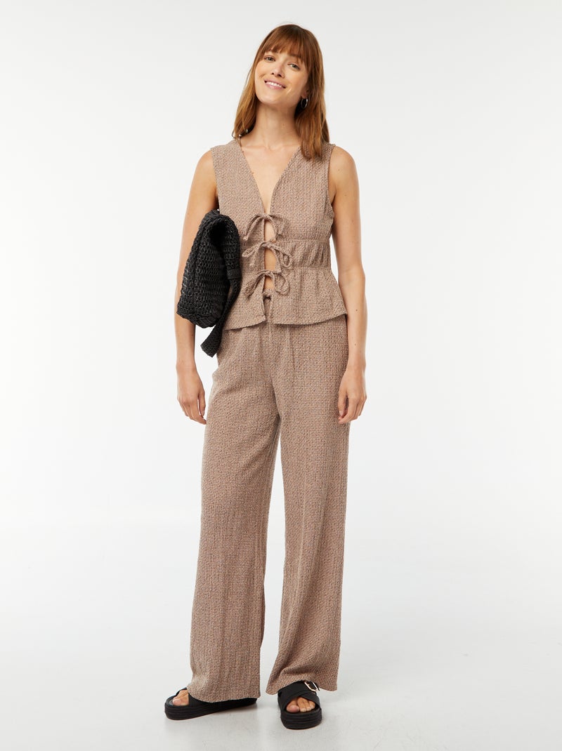 Pantalon large en maille gaufrée Marron - Kiabi