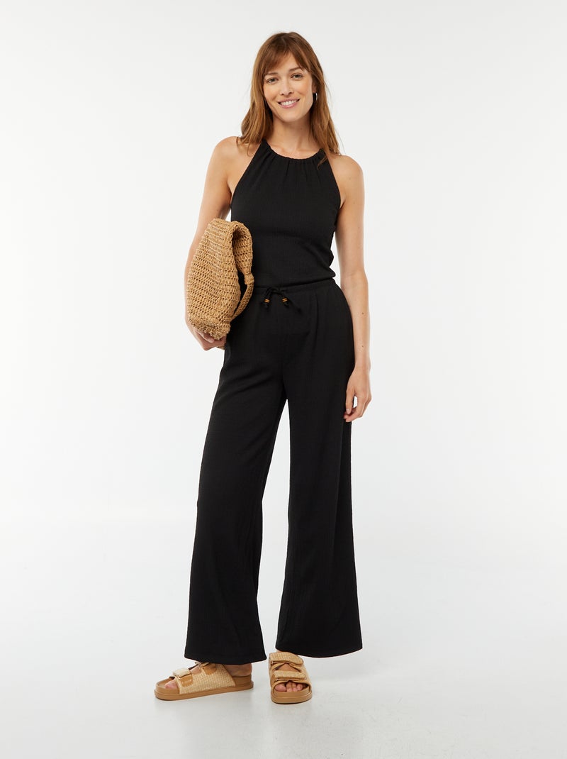 Pantalon large en maille gaufrée noir - Kiabi