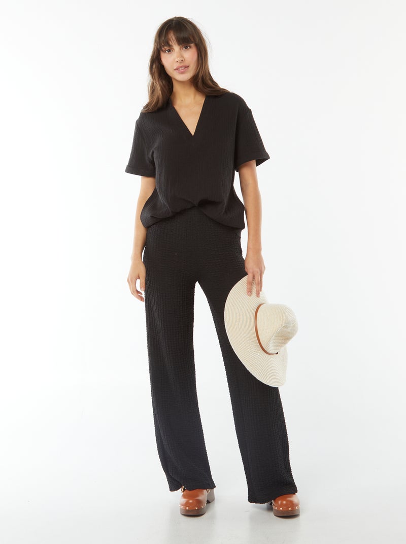 Pantalon large en maille gaufrée Noir - Kiabi