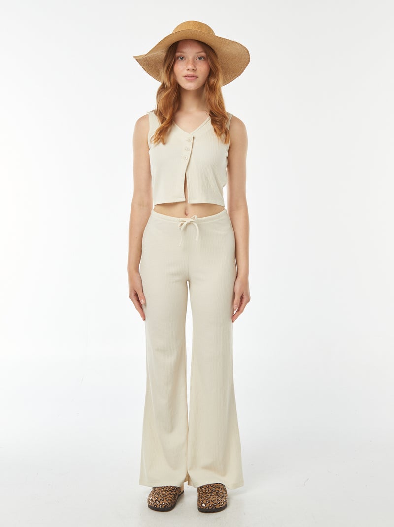 Pantalon large en maille légère gaufrée Beige - Kiabi