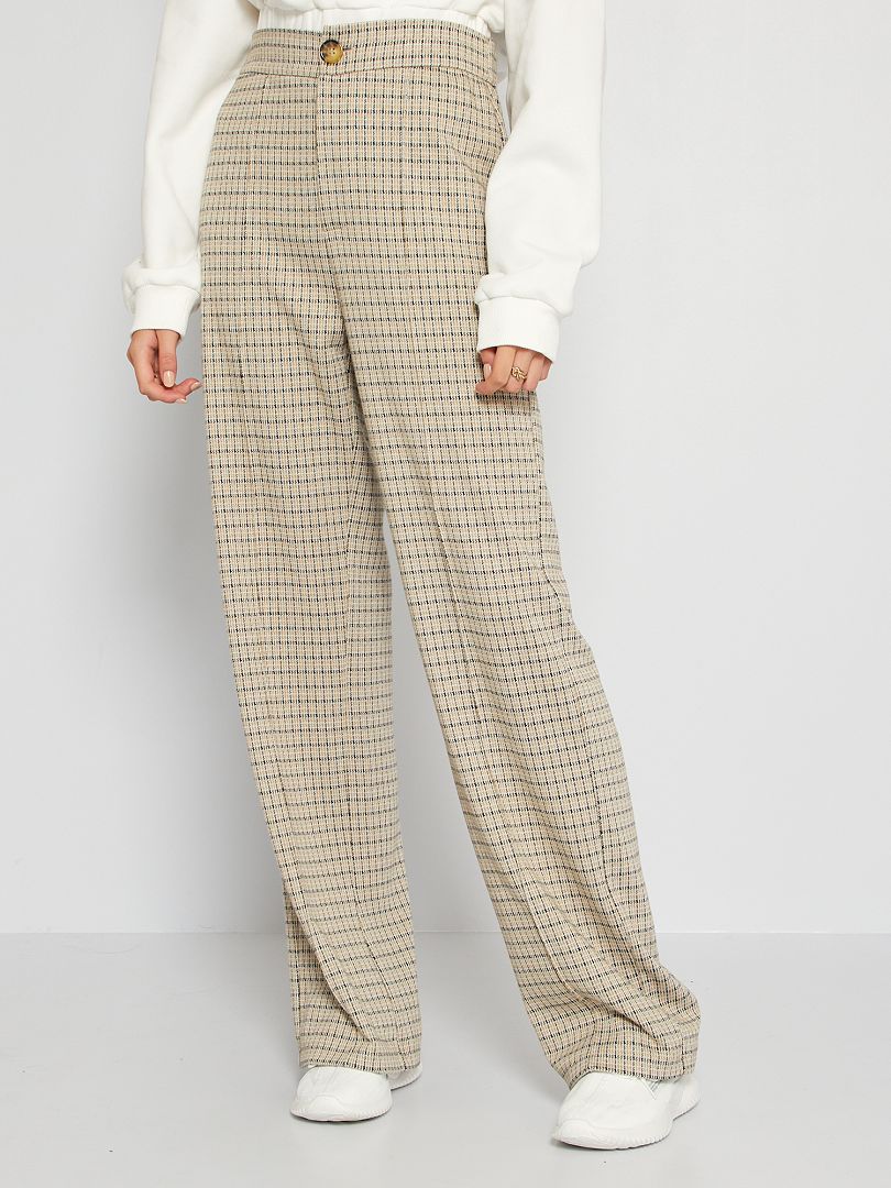 Pantalon large en maille motif carreaux beige carreaux - Kiabi
