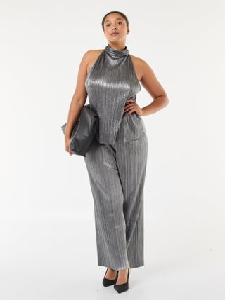 Pantalon large en maille plissée argentée
