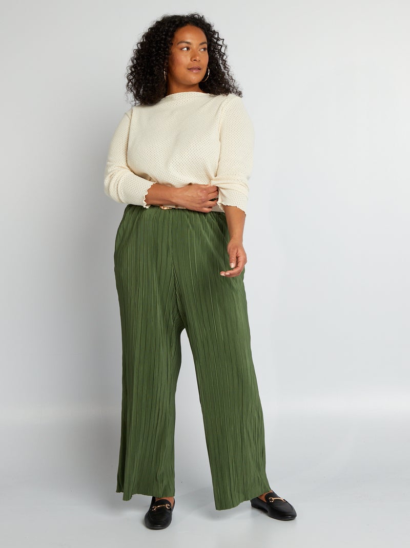 Pantalon large en maille plissée Kaki - Kiabi