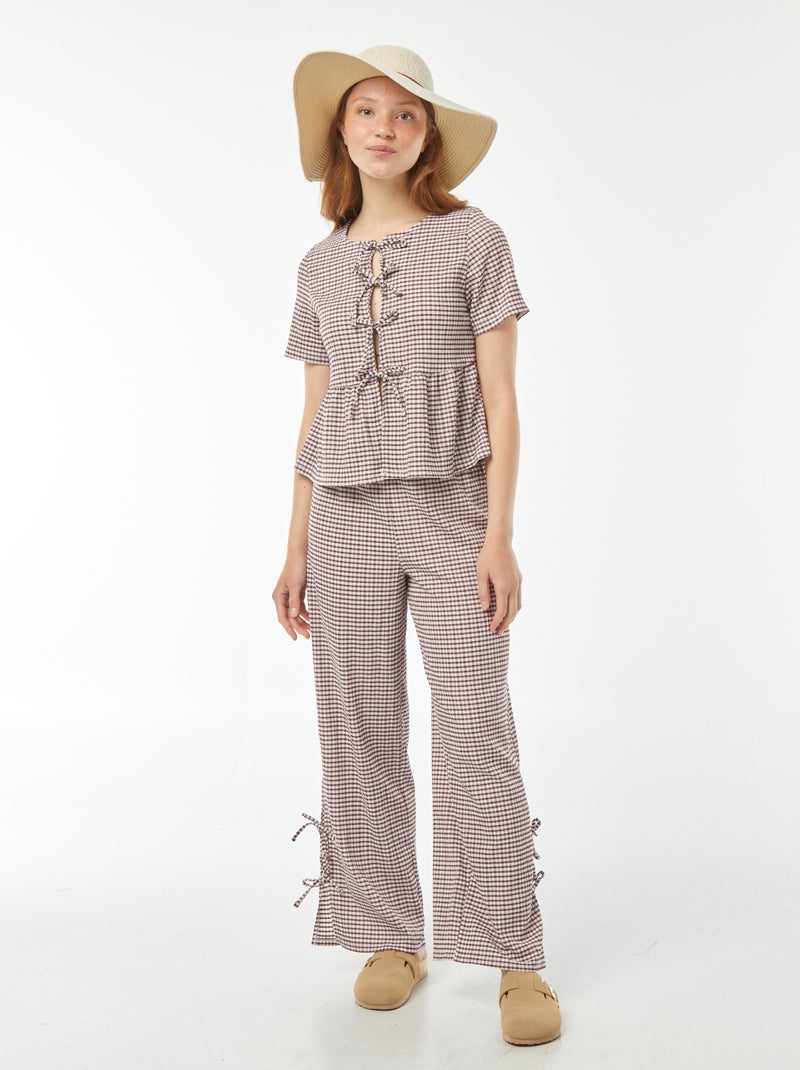Pantalon large en matière crêpée avec nouettes Rouge - Kiabi