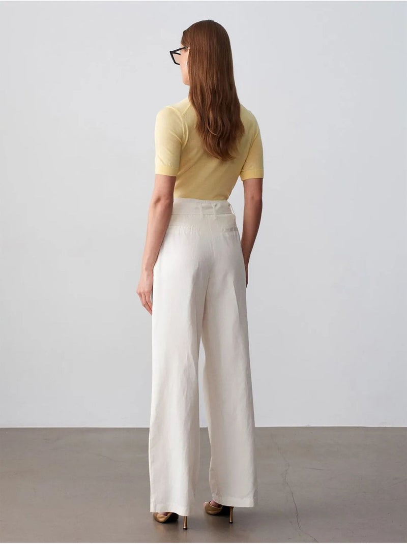 Pantalon large en mélange de lin avec ceinture dilvin Blanc cassé - Kiabi