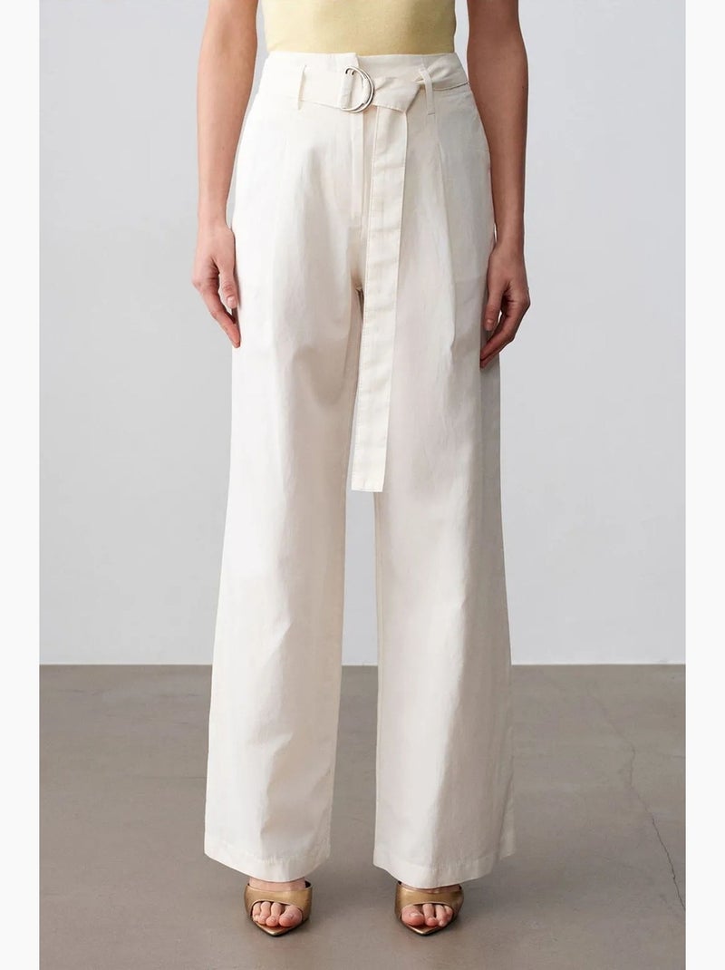 Pantalon large en mélange de lin avec ceinture dilvin Blanc cassé - Kiabi