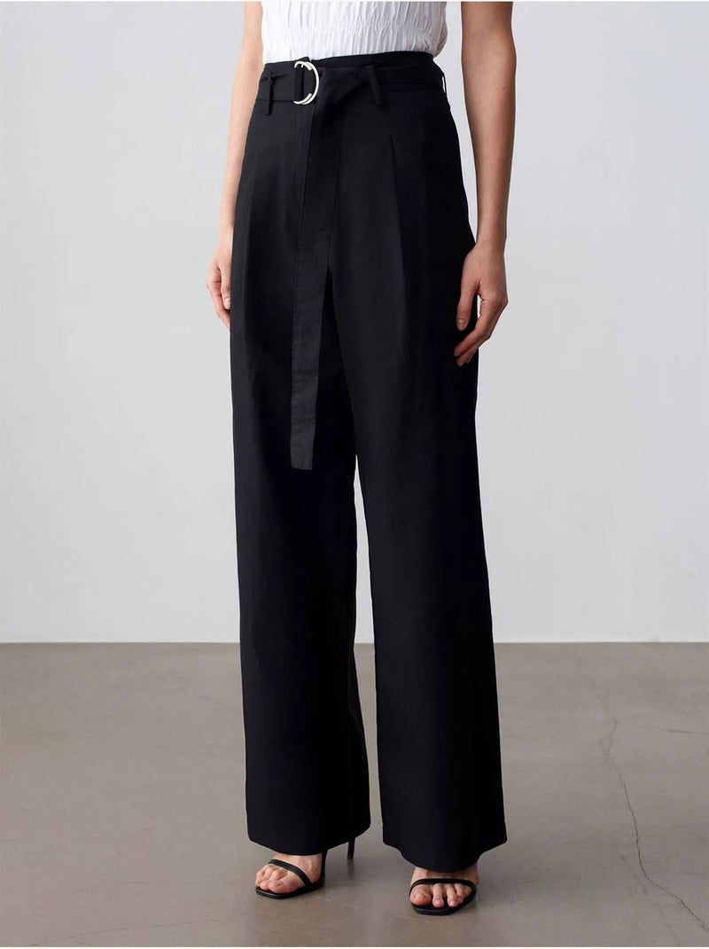 Pantalon large en mélange de lin avec ceinture dilvin Noir - Kiabi