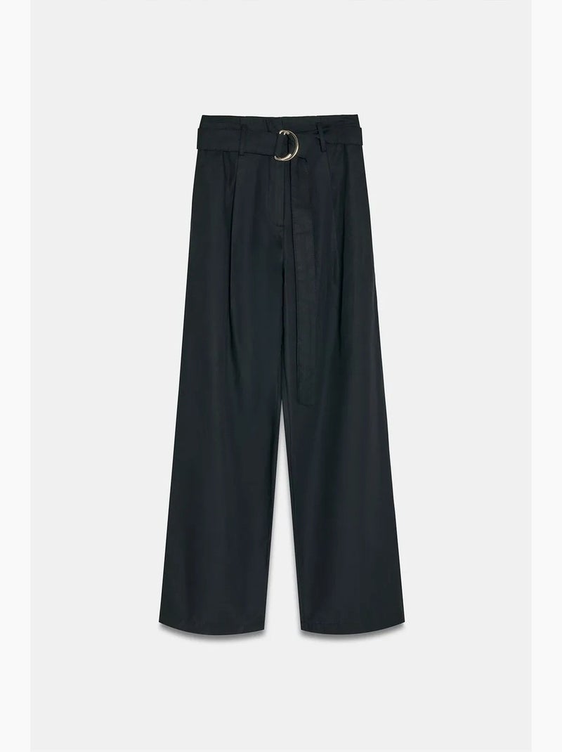 Pantalon large en mélange de lin avec ceinture dilvin Noir - Kiabi