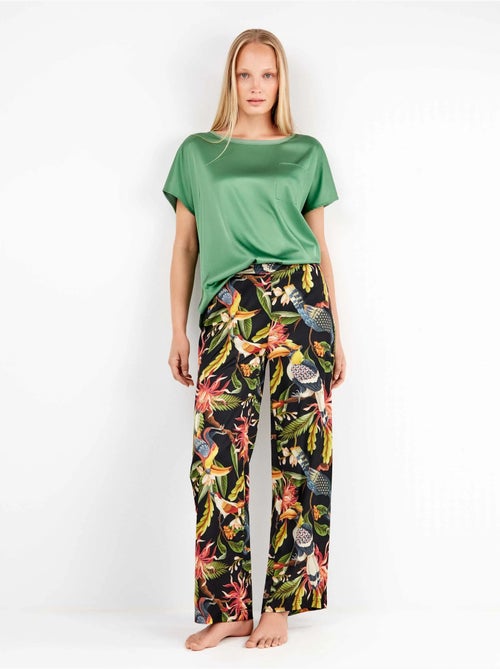 Pantalon large en satin avec imprimé tropical sophistiqué - Kiabi Pantalon large en satin avec imprimé tropical sophistiqué - Kiabi