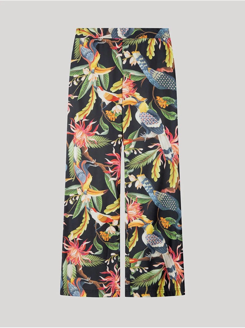 Pantalon large en satin avec imprimé tropical sophistiqué Multicolore - Kiabi