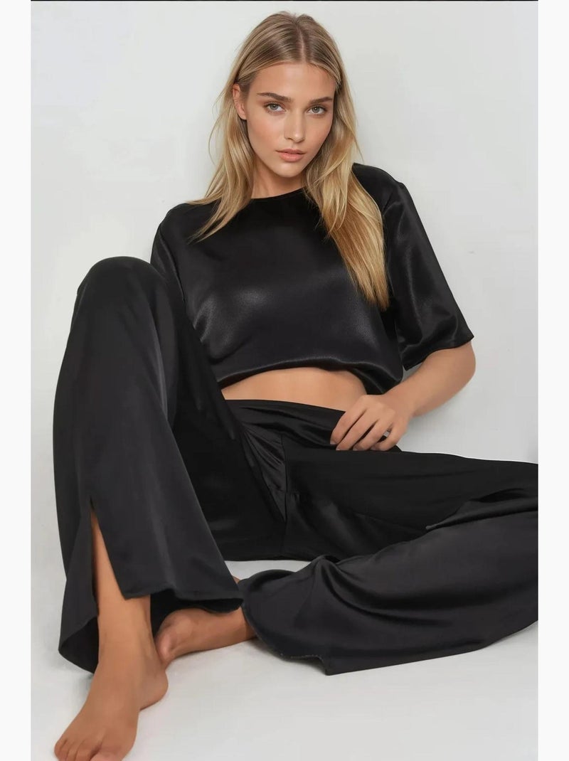 Pantalon large en satin hiccup Noir - Kiabi