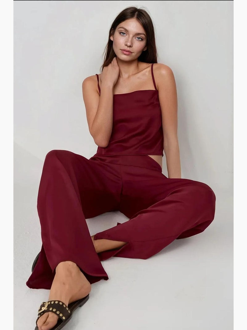 Pantalon large en satin hiccup Rouge bordeaux - Kiabi