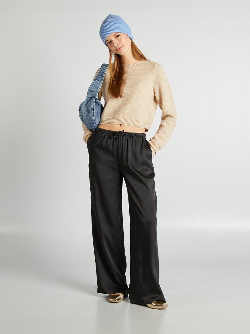 Pantalon large en satin noir - Kiabi