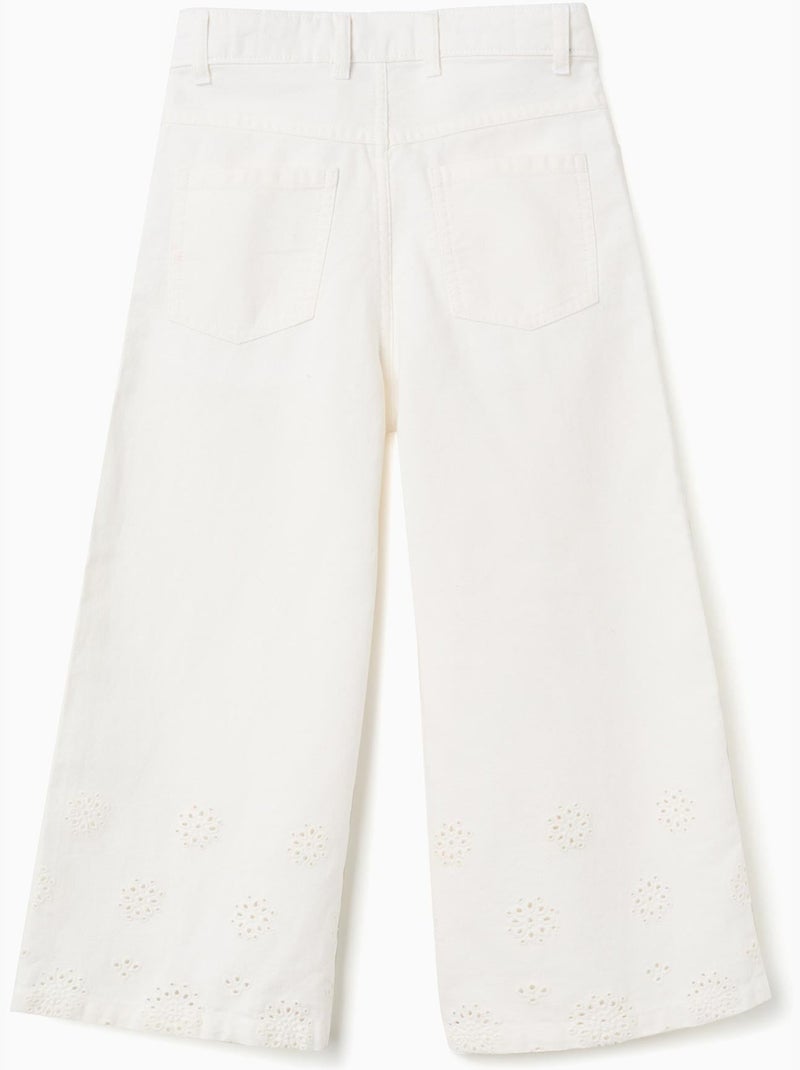 Pantalon large en sergé avec broderie anglaise Beige clair - Kiabi