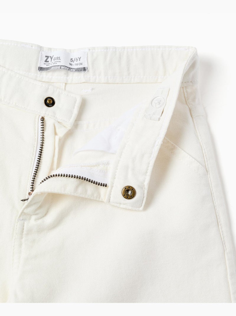 Pantalon large en sergé avec broderie anglaise Beige clair - Kiabi
