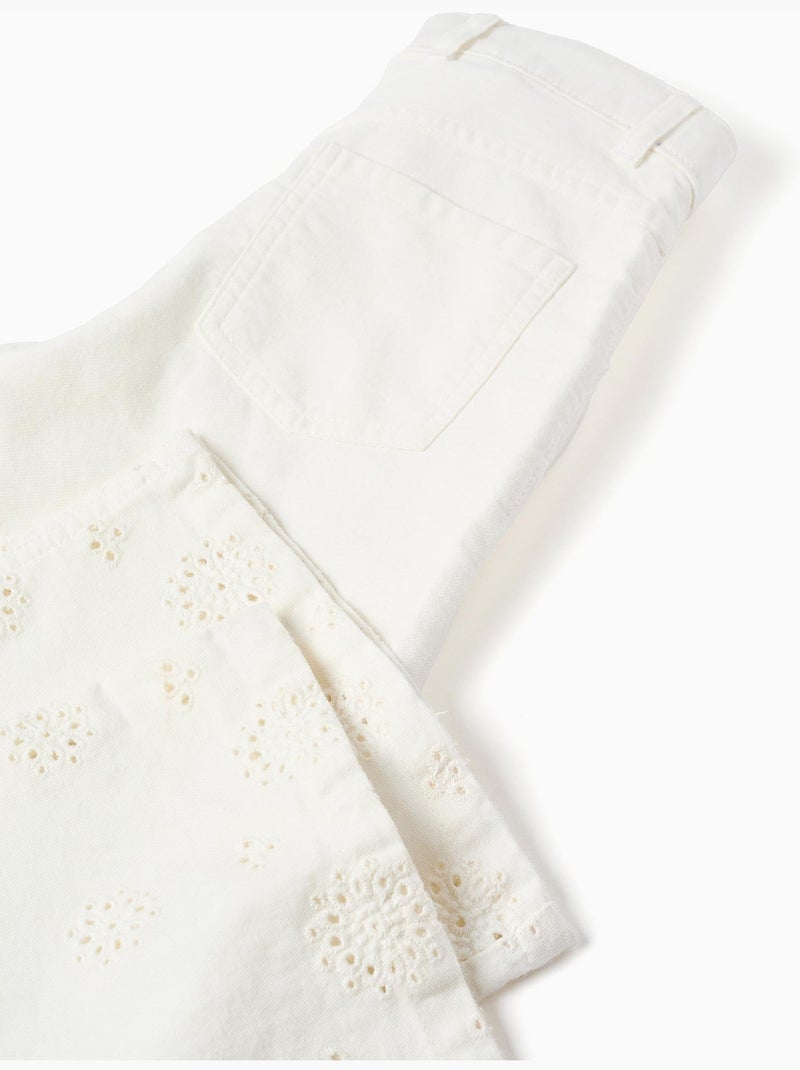 Pantalon large en sergé avec broderie anglaise Beige clair - Kiabi