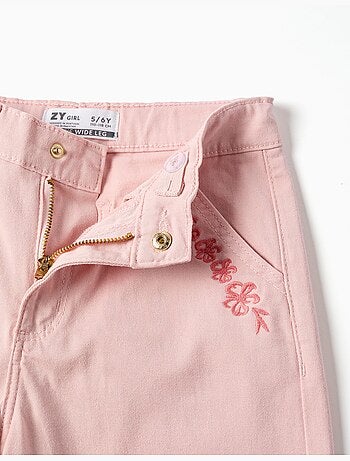 Pantalon large en sergé avec fleurs brodées