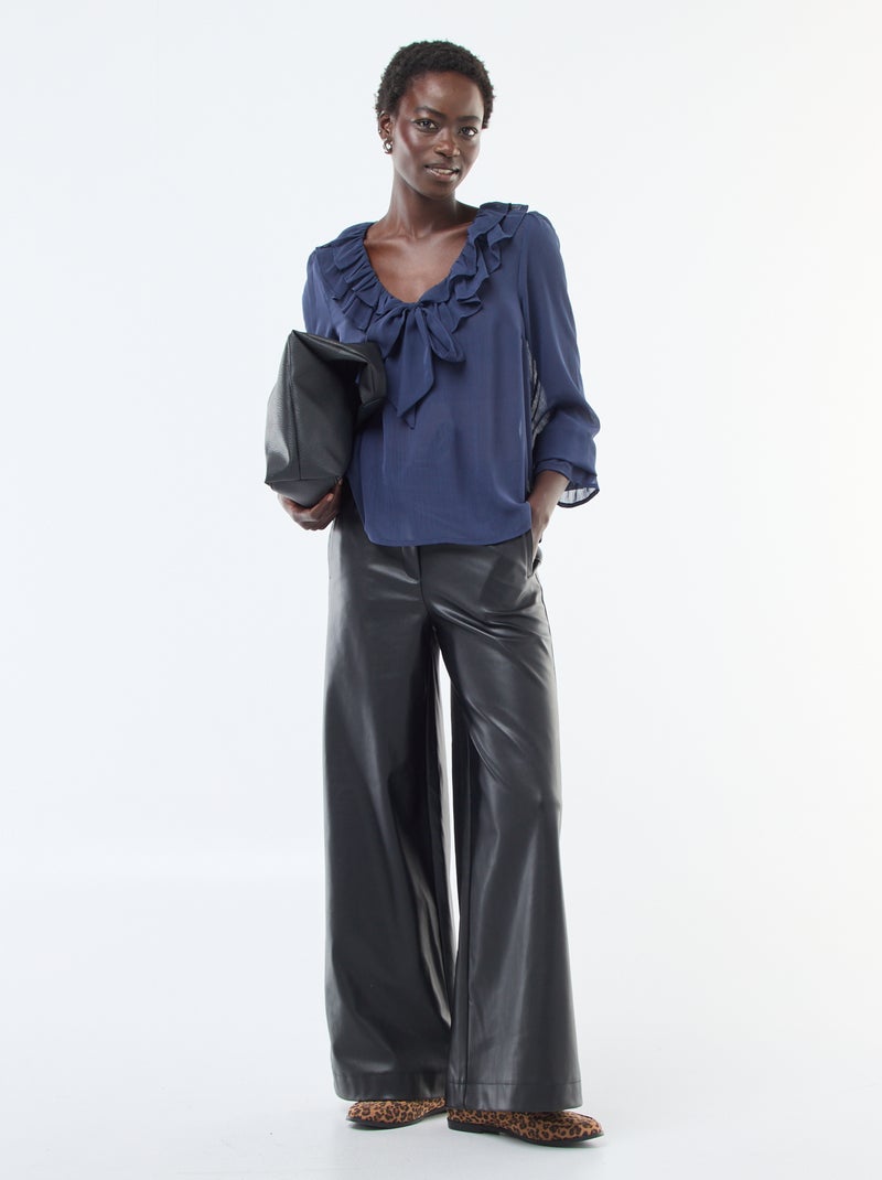 Pantalon large en simili lisse Noir - Kiabi