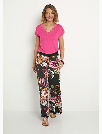 Pantalon large en stretch imprimé fleuri - Afibel