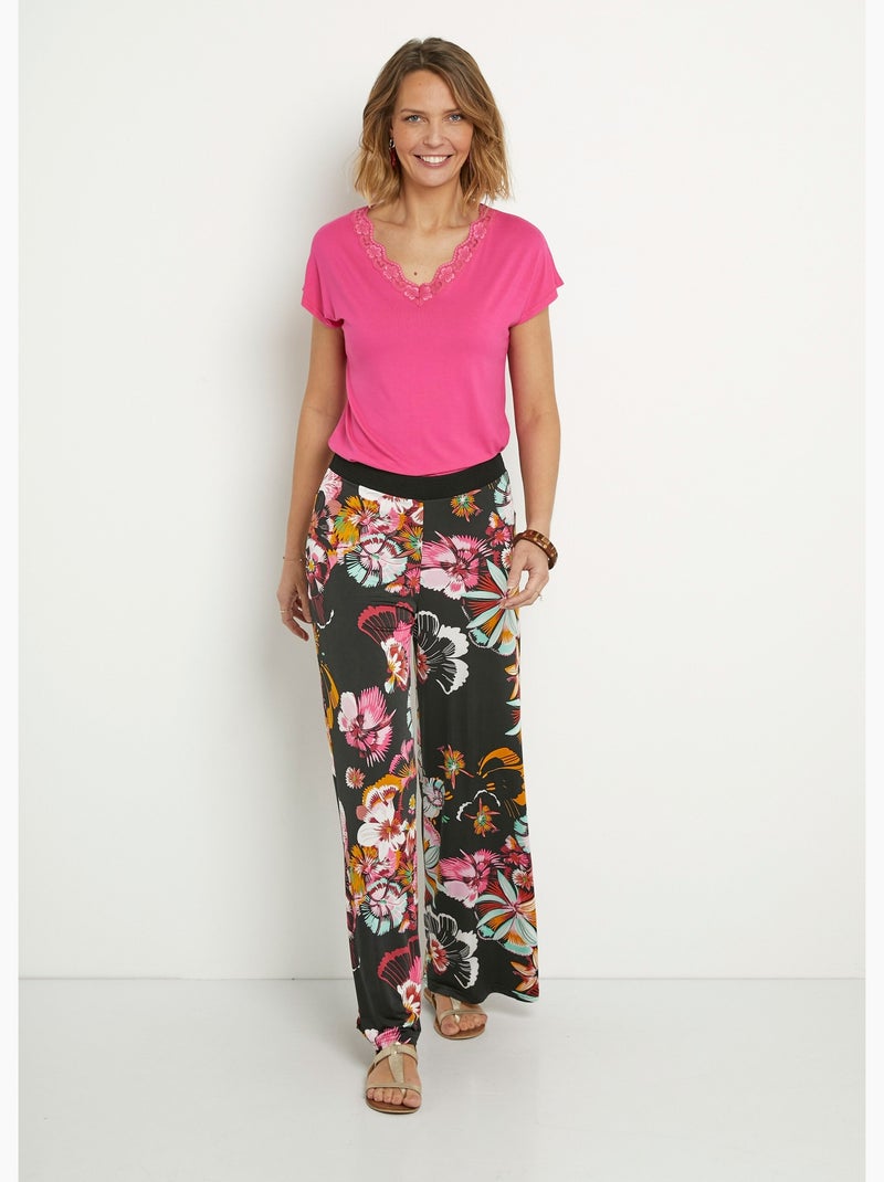 Pantalon large en stretch imprimé fleuri - Afibel Noir - Kiabi