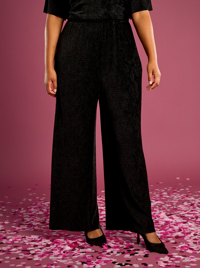 Pantalon large en velours côtelé uni Noir - Kiabi