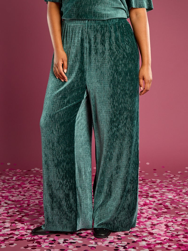 Pantalon large en velours côtelé uni Vert - Kiabi