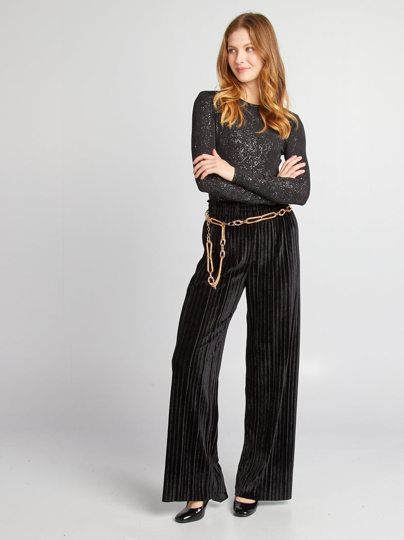 Pantalon large en velours plissé noir - Kiabi