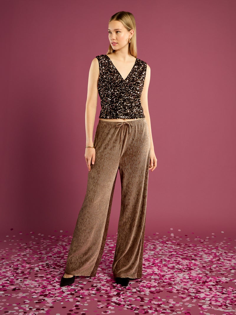 Pantalon large en velours uni Marron Femme Kiabi