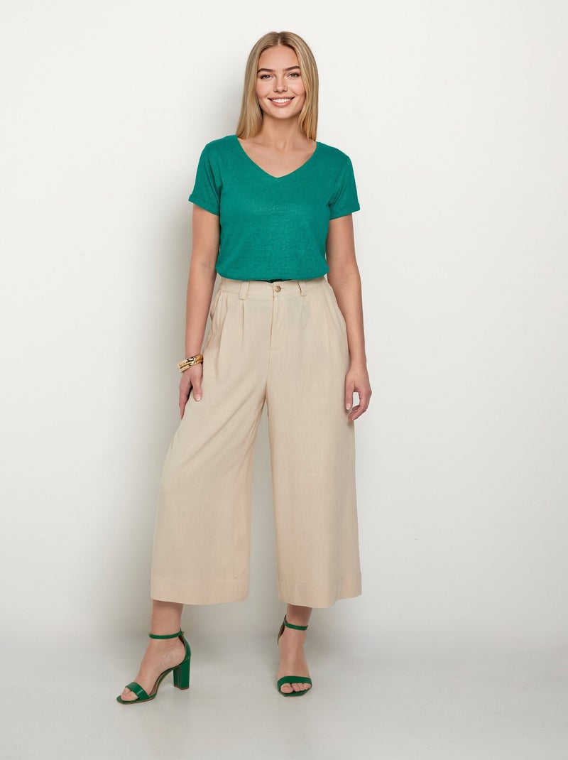 Pantalon large et fluide, lin et viscose Beige - Kiabi