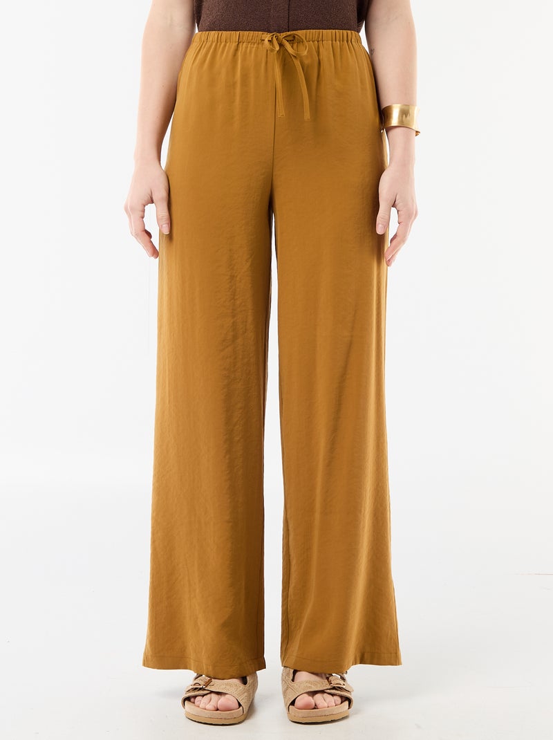Pantalon large femme à taille élastiquée et lien à nouer Marron - Kiabi