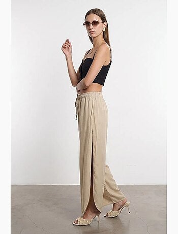 Pantalon large femme en tencel crêpe avec fente dilvin