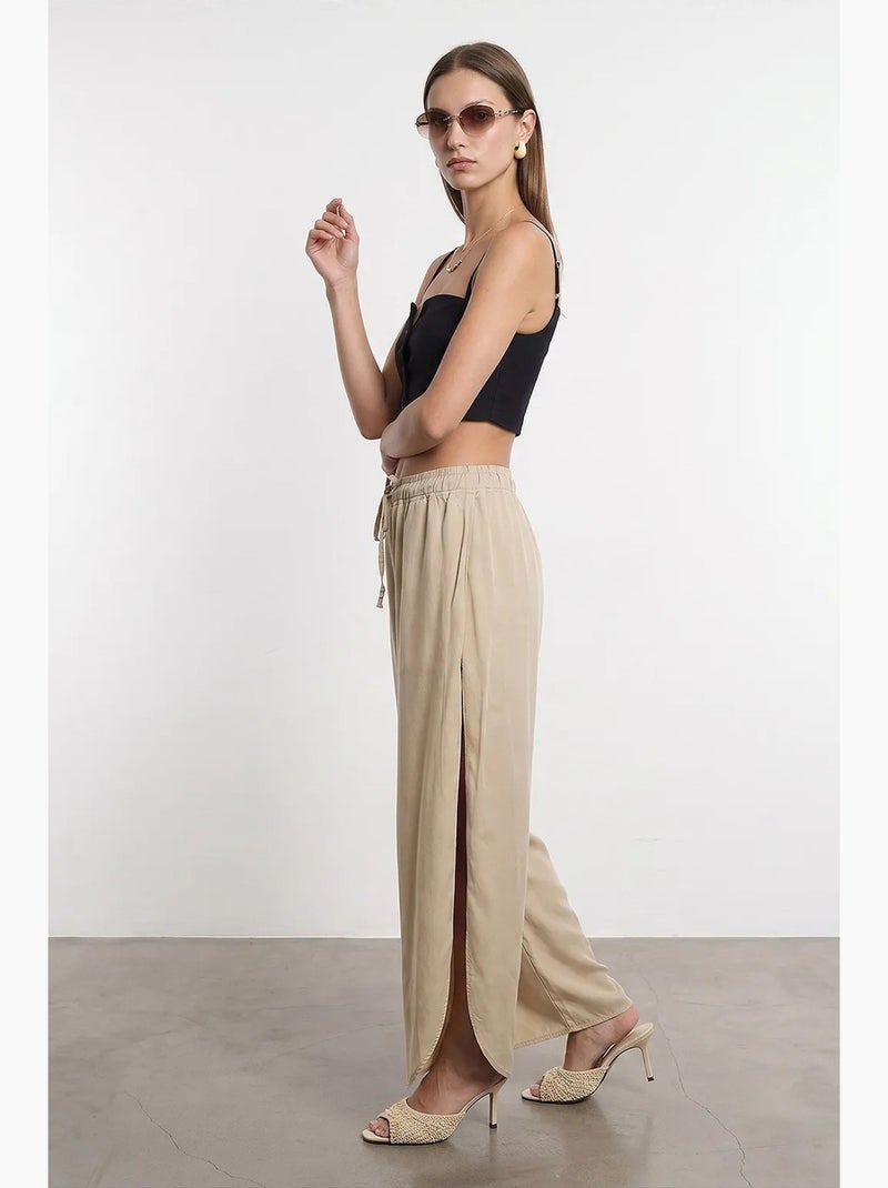 Pantalon large femme en tencel crêpe avec fente dilvin Beige argile - Kiabi