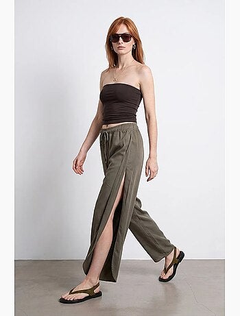 Pantalon large femme en tencel crêpe avec fente dilvin