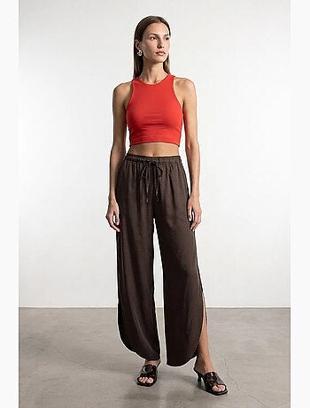 Pantalon large femme en tencel crêpe avec fente dilvin