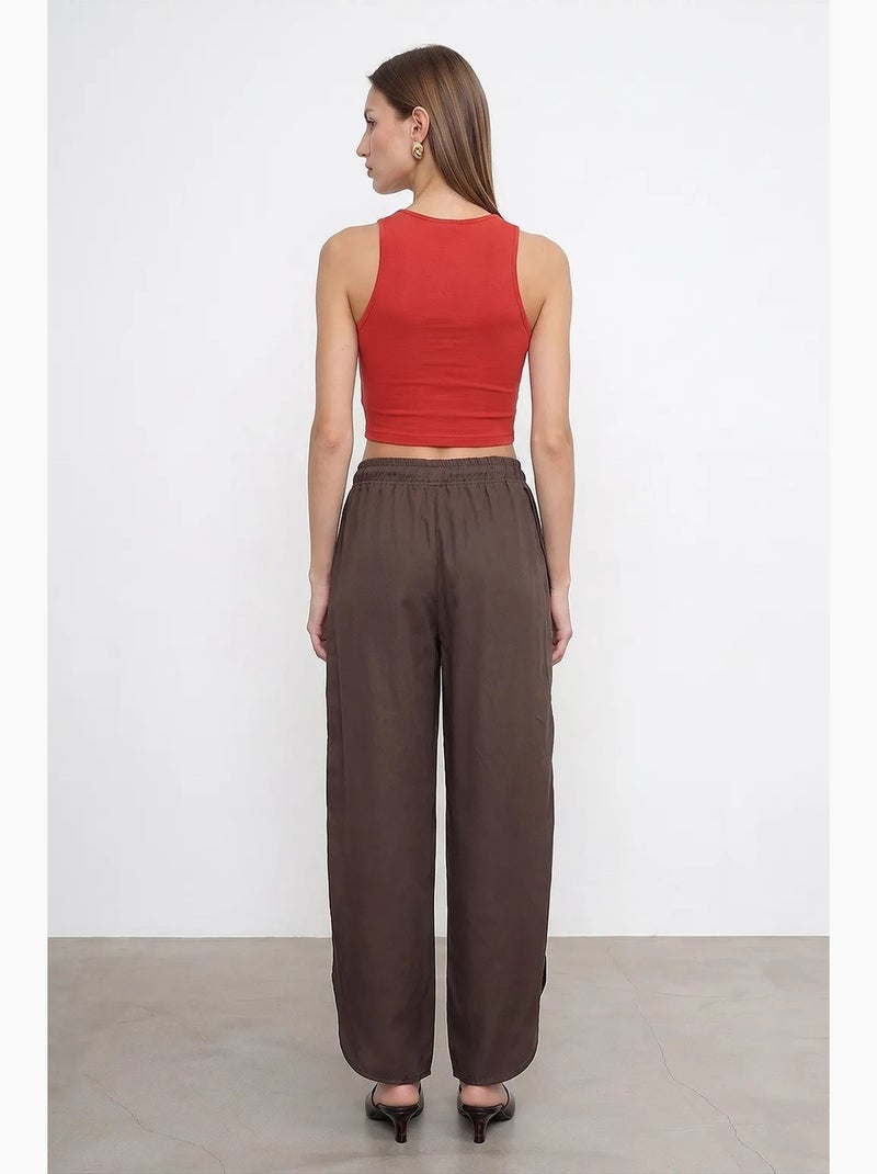 Pantalon large femme en tencel crêpe avec fente dilvin Marron foncé - Kiabi