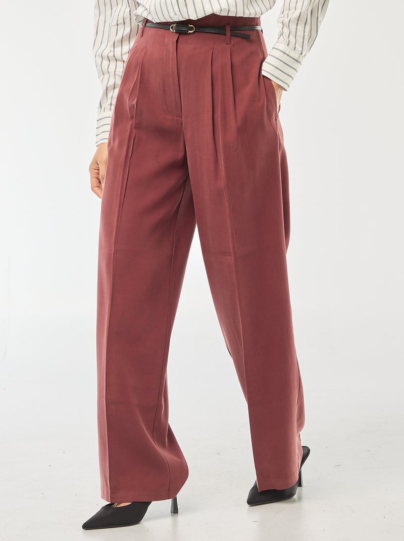 Pantalon large femme en viscose taille haute à boucle Bordeaux - Kiabi