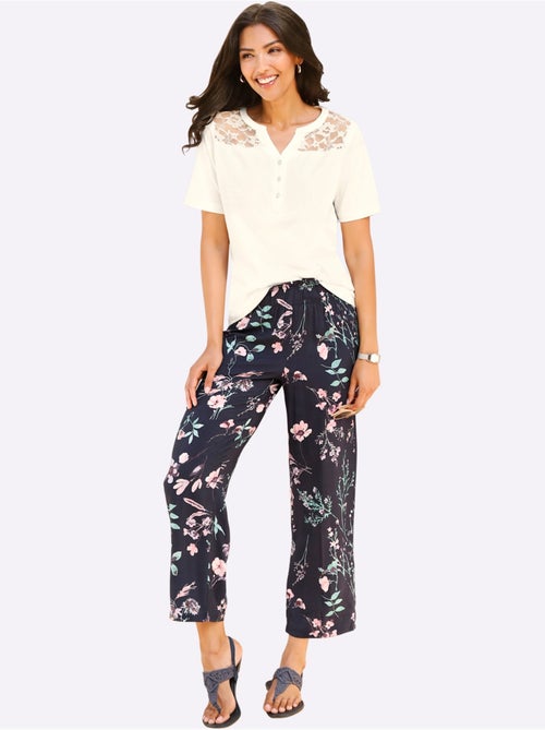 Pantalon large fluide à motifs floraux et ceinture élastique - taille courte - moda vilona - Kiabi