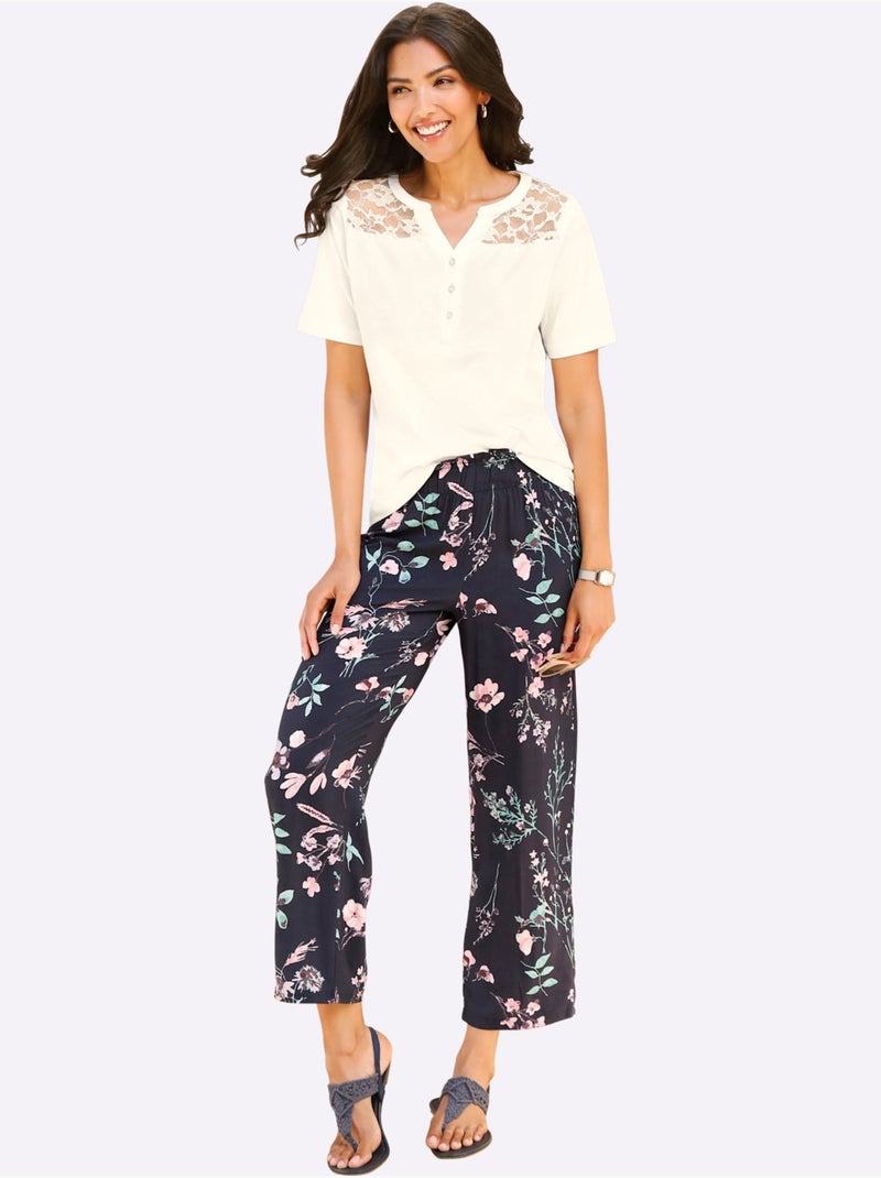 Pantalon large fluide à motifs floraux et ceinture élastique - taille courte - moda vilona Bleu Rose - Kiabi