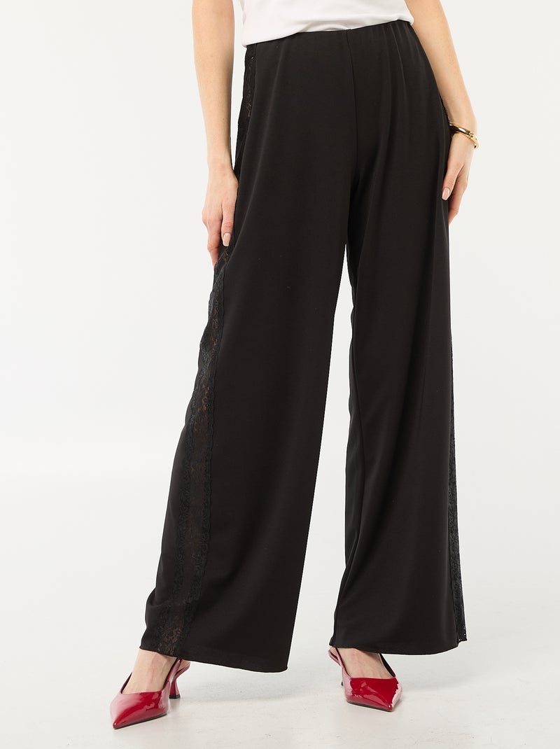 Pantalon large fluide avec bandes latérales en dentelle Noir - Kiabi