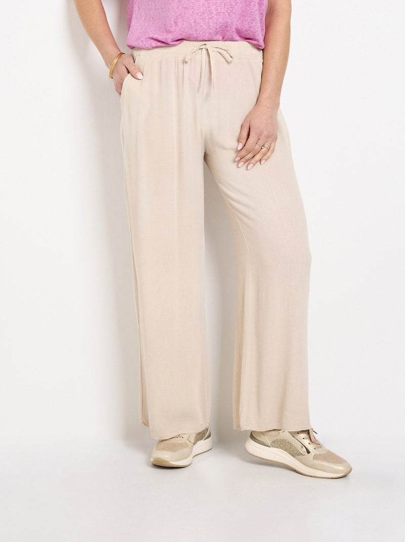 Pantalon large fluide taille élastiquée Beige - Kiabi