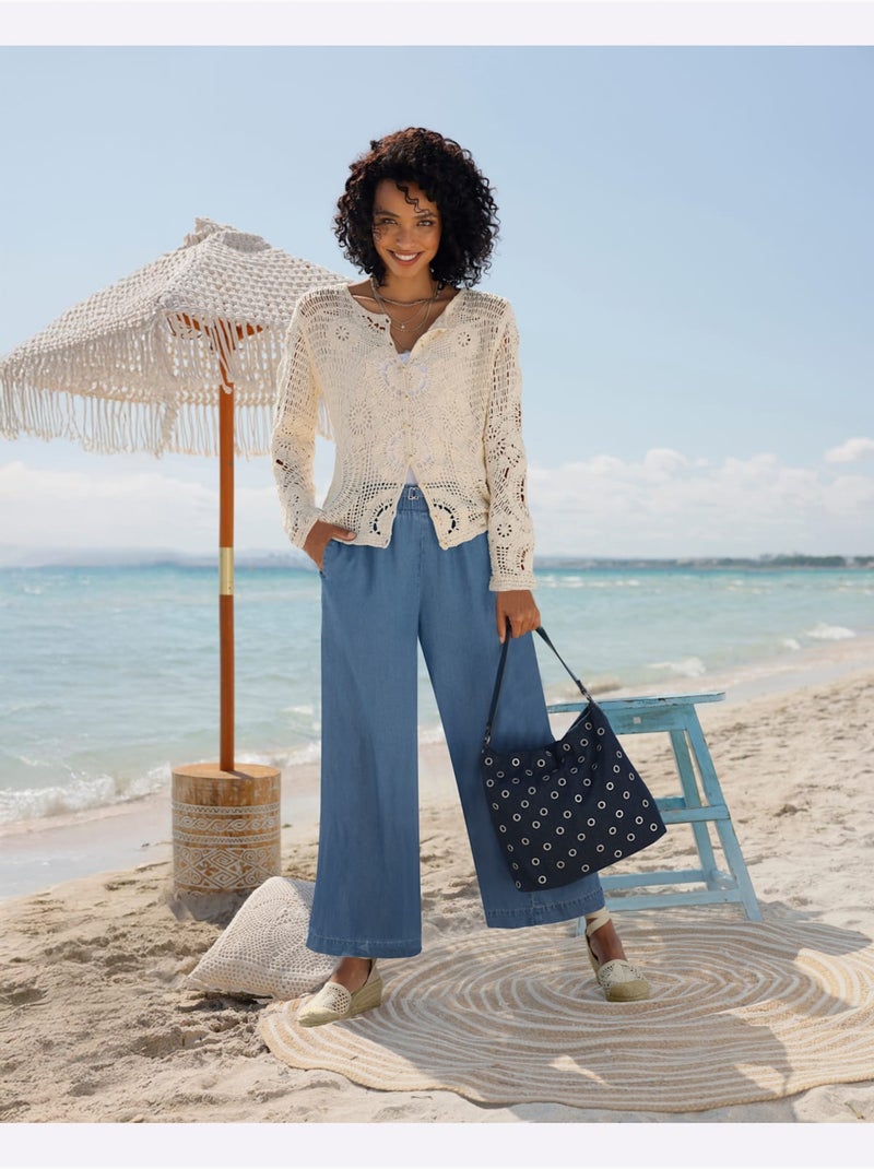 Pantalon Large Forme Courte Tendance - Taille Standard - Helline Bleu jean - Kiabi