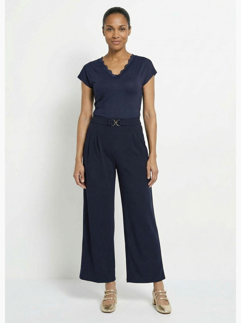 Pantalon large maille détail chic métal - Afibel Bleu marine - Kiabi