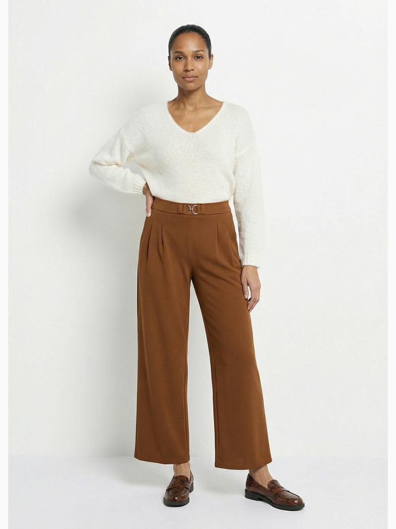 Pantalon large maille détail chic métal - Afibel Marron tabac - Kiabi