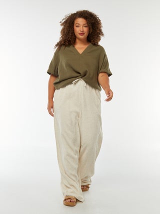 Pantalon large maille reliefée en lin mélangé