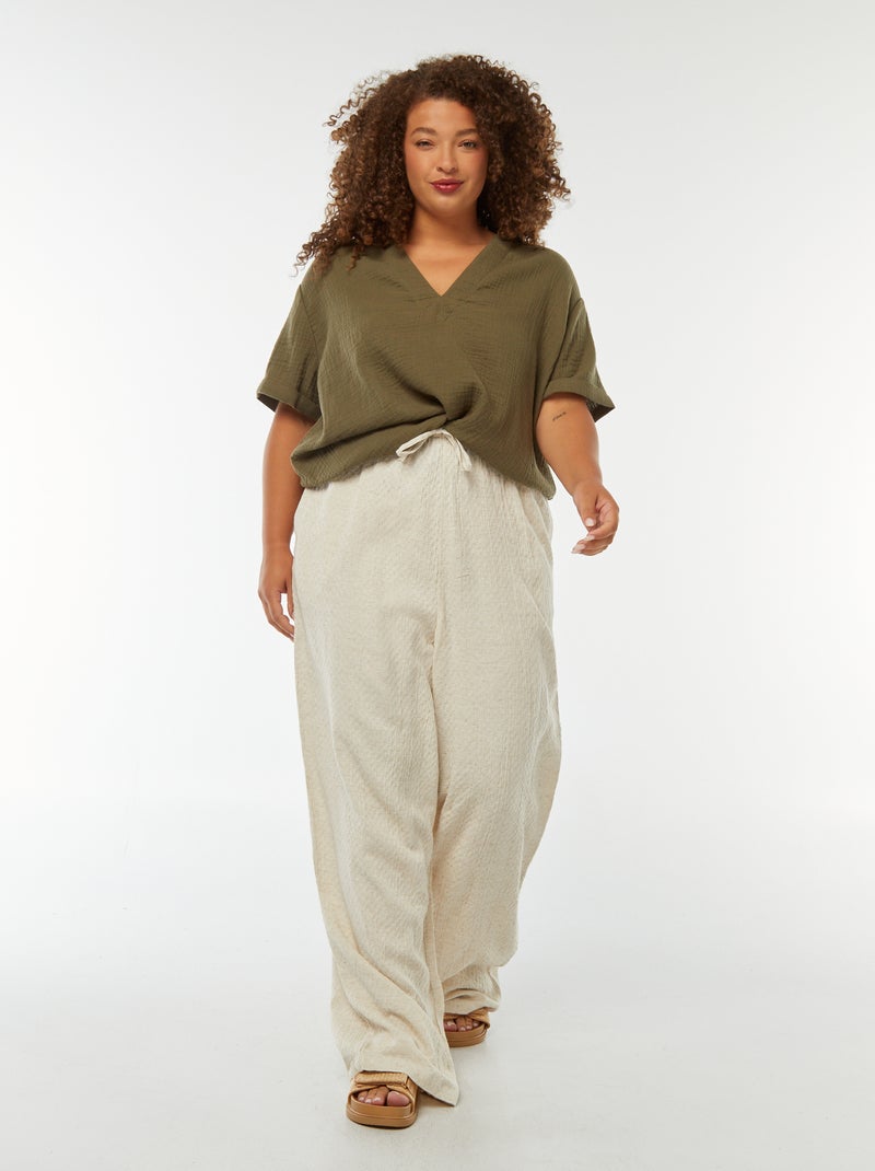 Pantalon large maille reliefée en lin mélangé Beige - Kiabi