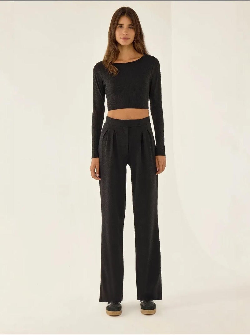 Pantalon large plissé à fermeture velcro à la taille Noir - Kiabi