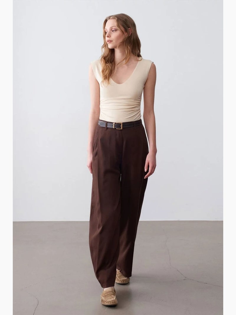 Pantalon large plissé dilvin Marron chocolat - Kiabi
